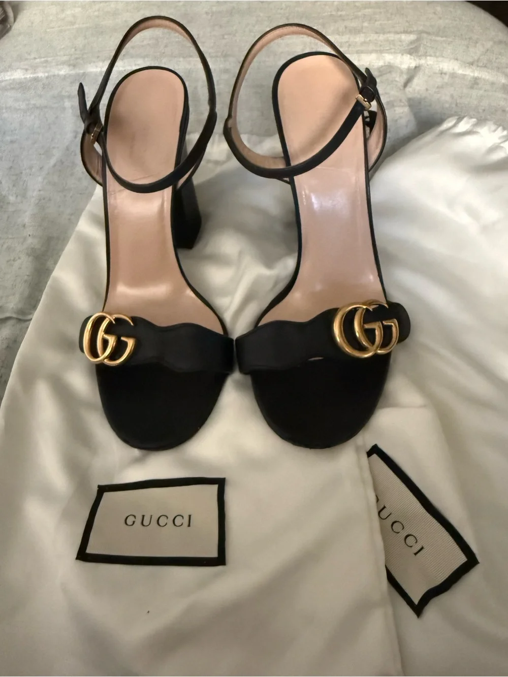 Gucci Black Leather Block Heel Sandals with Gold GG Hardware